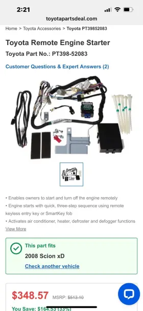 PT398-00070-HS SCION OEM ACCESSORIES Remote Starter Engine