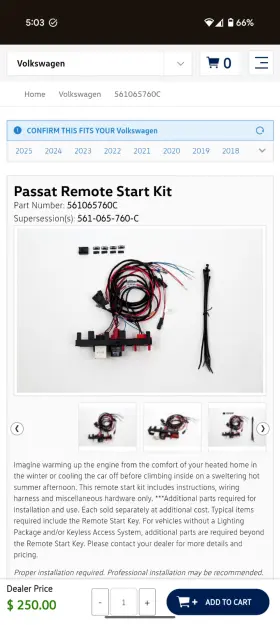 561065760C VOLKSWAGEN ACCESSORIES Remote Starter Start Kit Vw